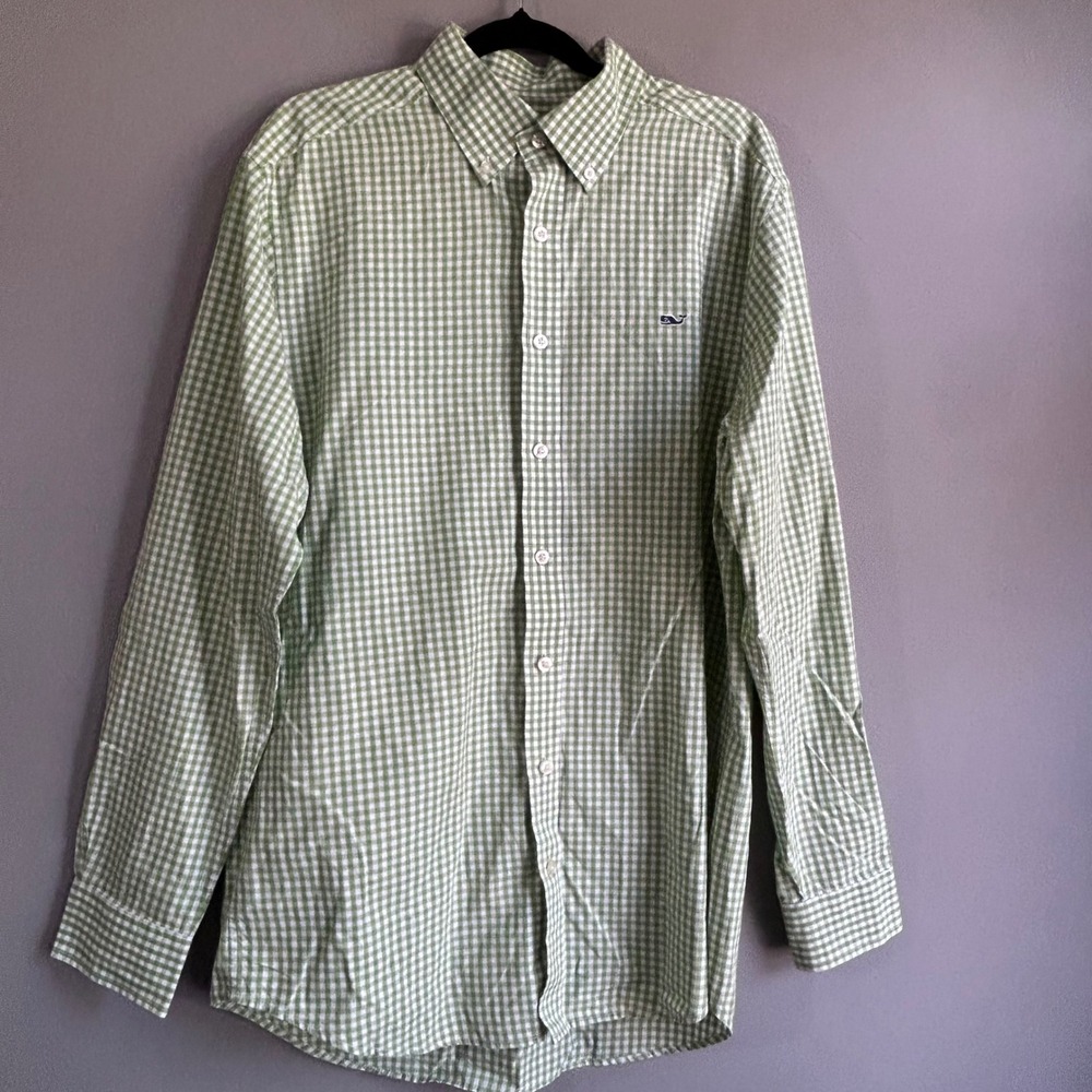 Vineyard Vines Mens Slim‎ Fit Whale Shirt Green White Gingham Cotton Size M